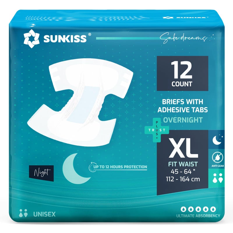 SUNKISS Adult Nappies with Ultimate Absorbency, Overnight Adult Diapers for Men and Women, Long-Lasting Dryness, Odor Control, XLarge, 12 Count
